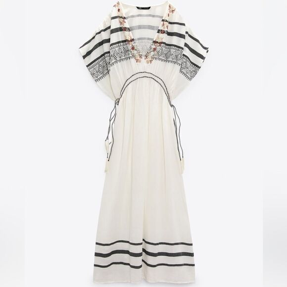 Zara White Maxi Dress with Black Embroidered Stripes - Picture 6 of 10